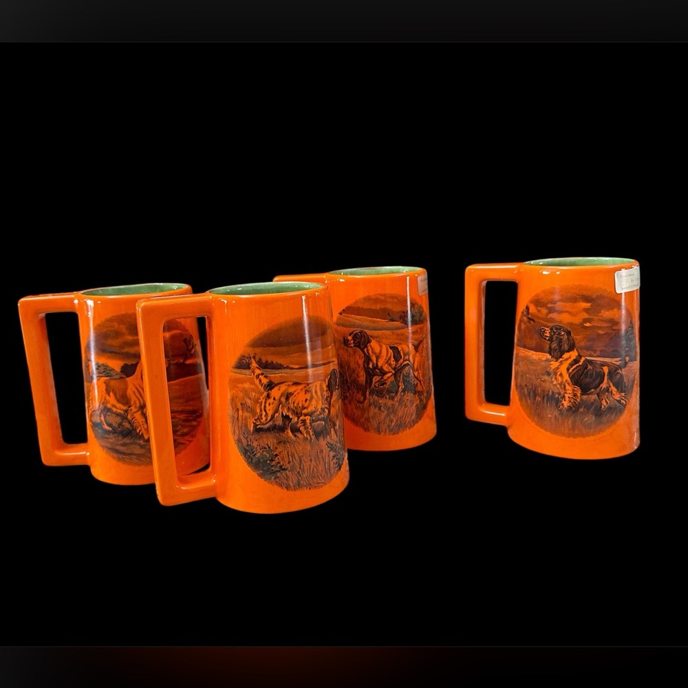 Vintage 4 bright orange mugs handmade 5” tall pointer hunting dogs pristine